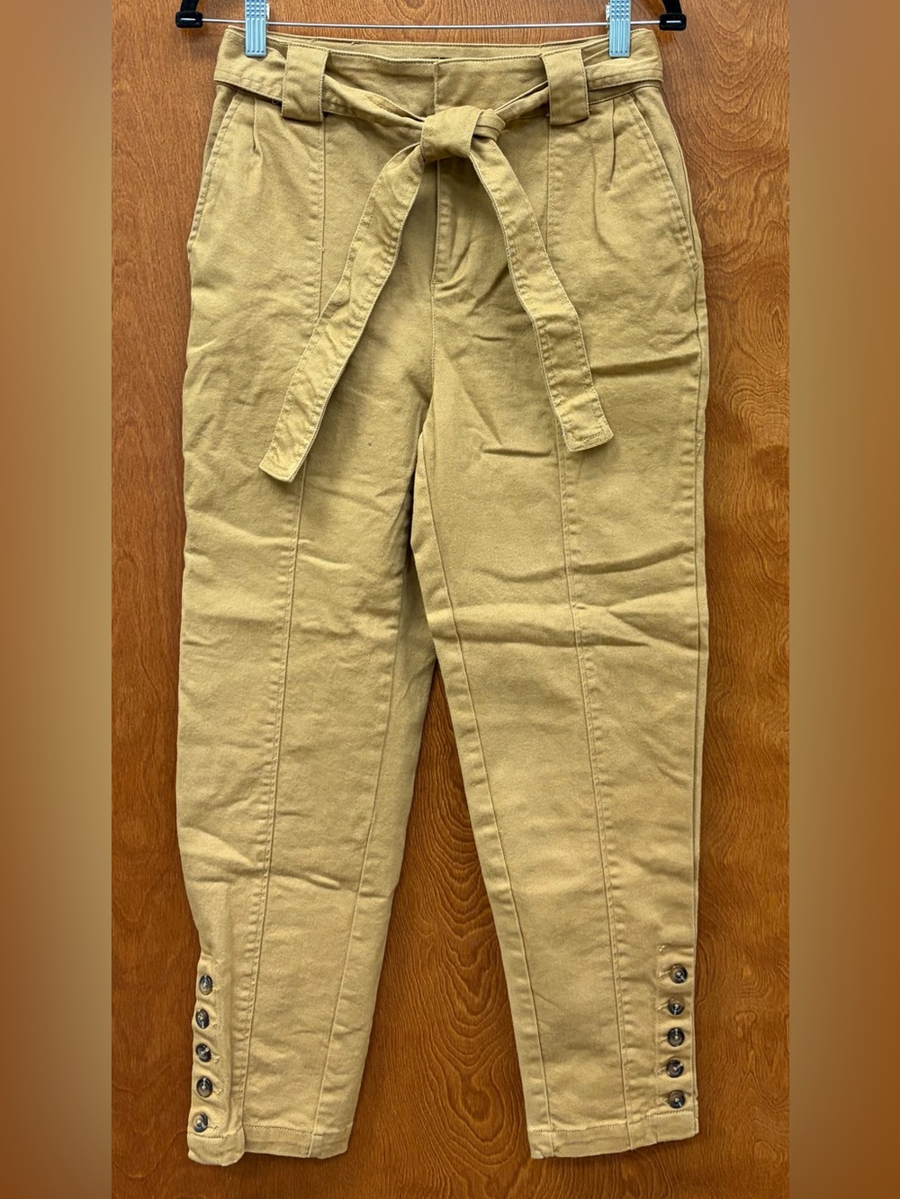 Who What Wear cotton tie waist camel tan button hem tapered ankle leg pants SZ 4